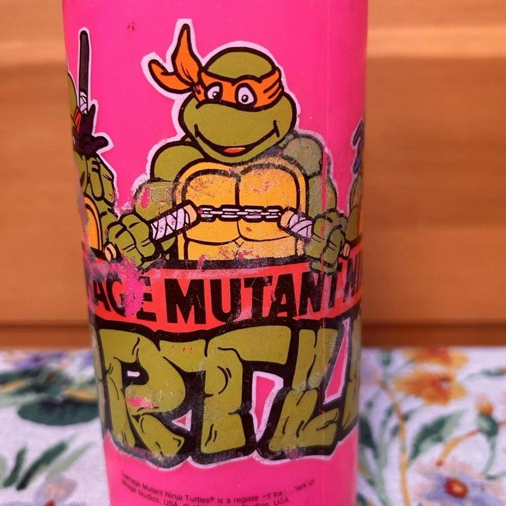 VTG 80s TMNT Teenage Mutant Ninja Turtles Water Bottle Straw Cap Pink Retro GLOW